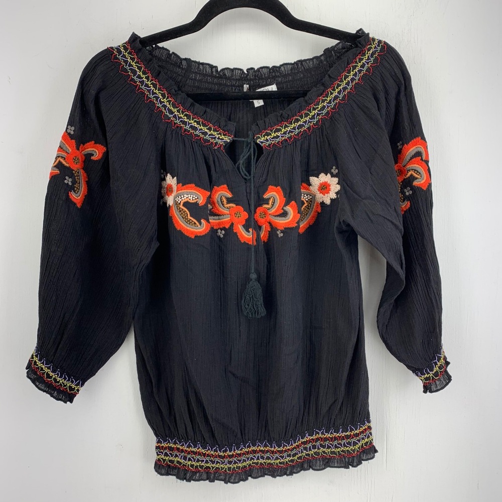 Joy Joy Black Cotton Embroidered Boho Peasant Blouse Top Small Tassel Gauzy